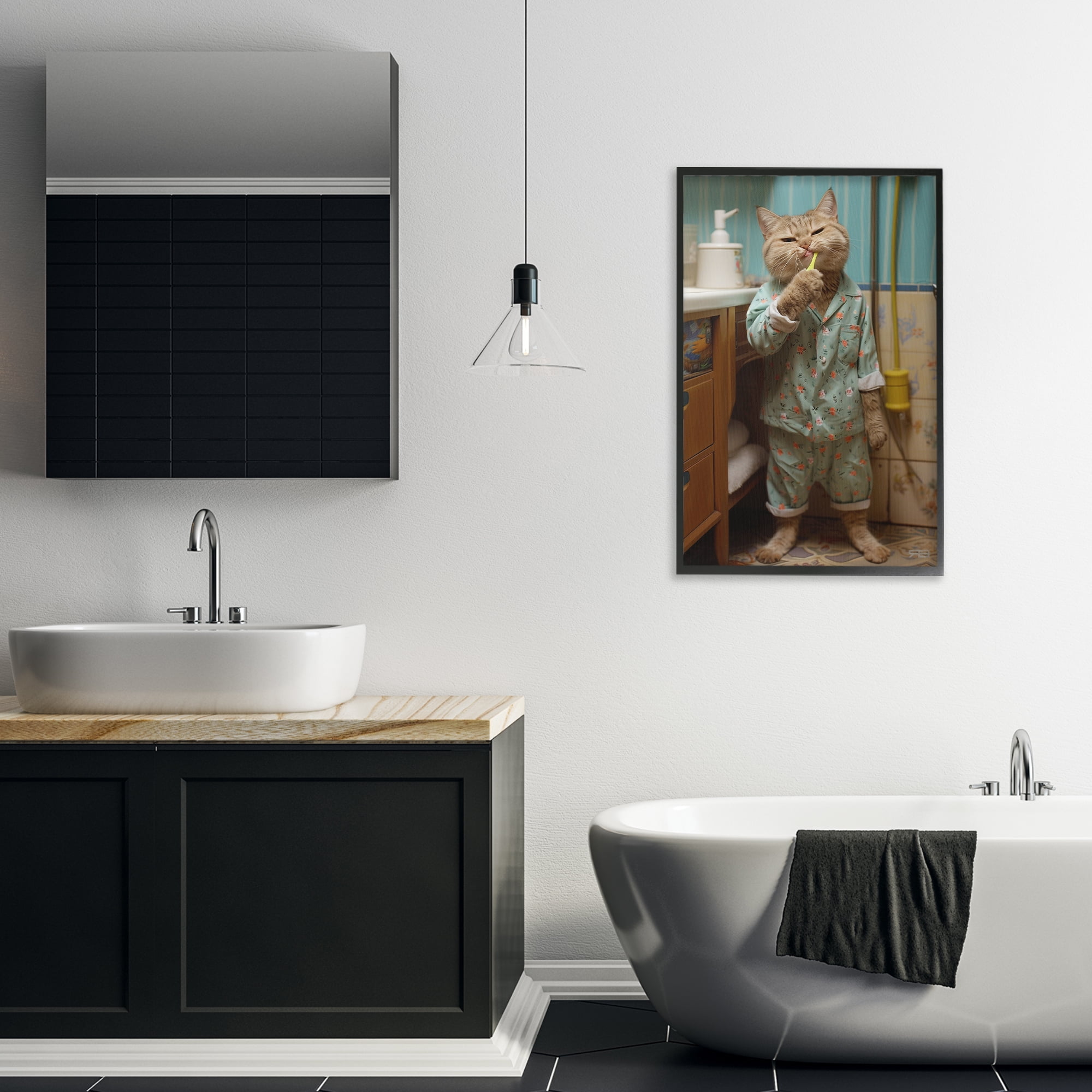 Stupell Industries Cat Brushing Teeth Typography Painting Black Framed Art Print Wall Art, 20 x 30