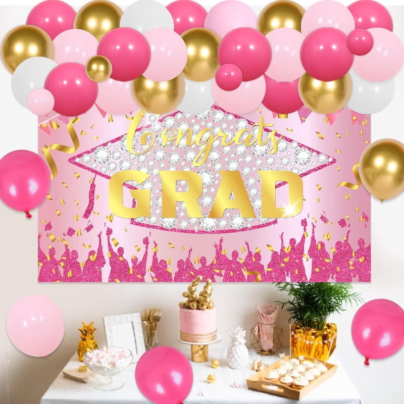 71Pcs Congrats Grad Decorations 2024, Pink and Golden Graduation Decor with Rose Golden Congrats Grad Backdrop Pink and Golden Balloon Garland Arch Kit for Class of 2024 Grad Prom School Grad Party