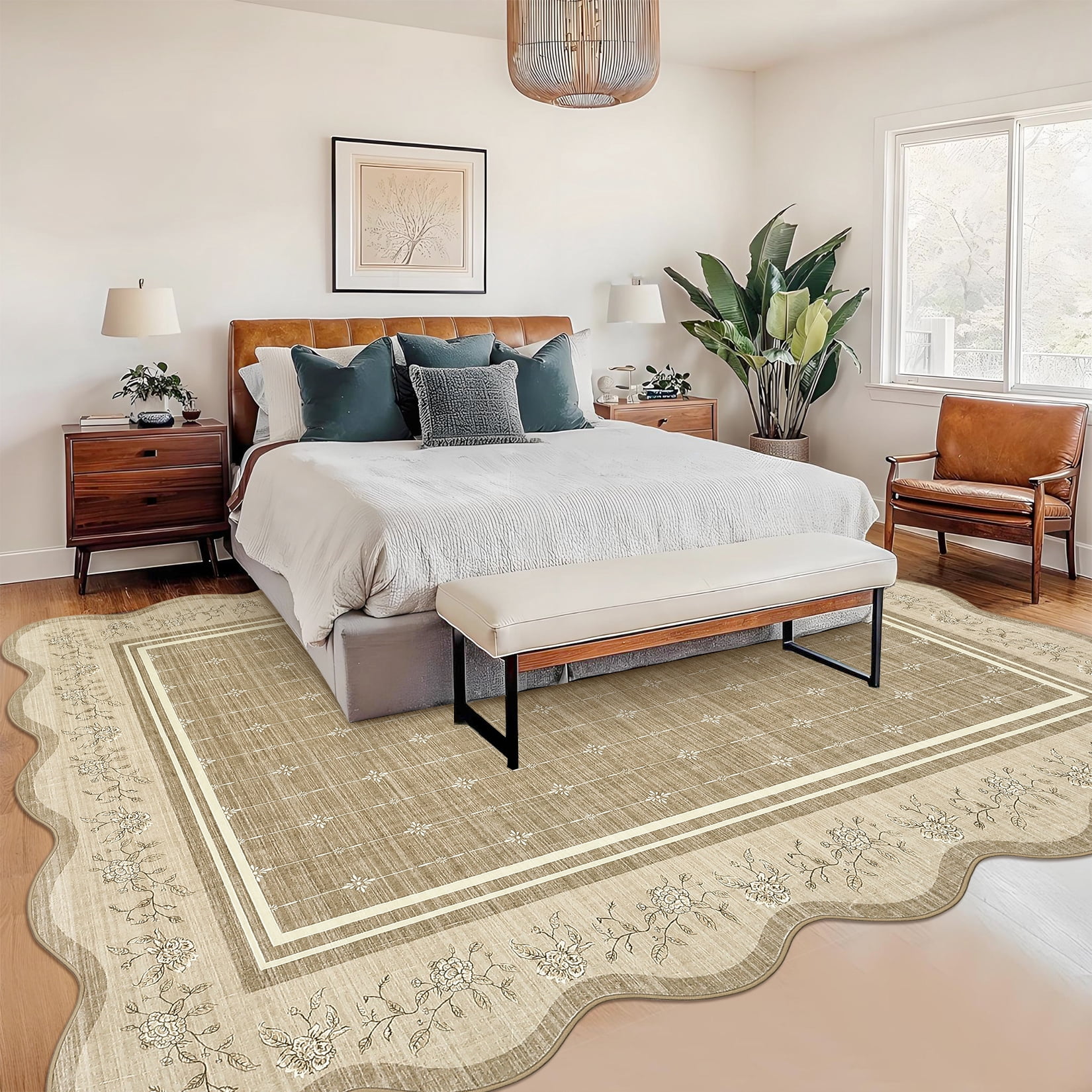 Garvee 5'x7' Scalloped Area Rug Modern Floral Bordered Carpet, Machine Washable Rug with Non Slip Backing Soft Foldable Mat for Living Room Bedroom Dining Room, Brown