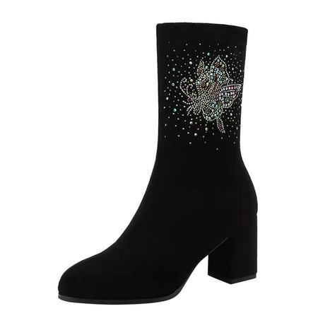 

qipaqil Large Flock Ankle High Color Pure Women s Heel Size Fashion Rhinestone Boots Thick women s boots Womens Boots Size 12 Wide