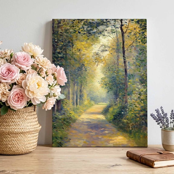Canvas Wall Art Forest Path Canvas Art Print Rustic Forest Dappled Sunlight Green Nature Woodland Pictures Wall Decor for Living Room Bedroom Artwork Stretched Framed Ready to Hang 12"x18"