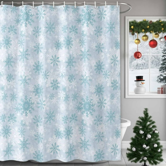 Christmas Light Shower Curtains for Bathroom, Blue Snowflakes Winter Classic Waterproof Fabric Shower Curtain for Bathroom Bathtub Decoration, Machine Washable, 72"x72"