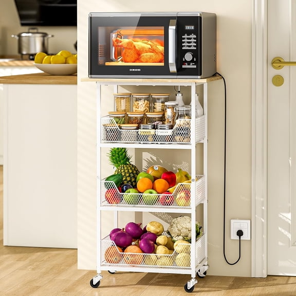 Rolling Kitchen Microwave Cart with Fruit Baskets, 4 Tier Microwave Table Stand with Storage, Kitchen Storge Shelf on Wheels Small Rolling Cart Organizer Rack for Pantry, Living Room