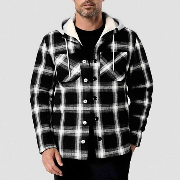 FDGIU Men's 2025 Flannel Lined Plaid Jacket - Button Down Hooded Flannel, Winter Workwear with Fleece Lining, Outdoor Shirt Coat