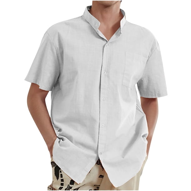 pstuiky camisetas de hombre, Camisa informal de lino y algodón de manga corta para hombre, color liso, con cuello plegable y manga corta, blusa con cuello vuelto camisetas de hombre xxl