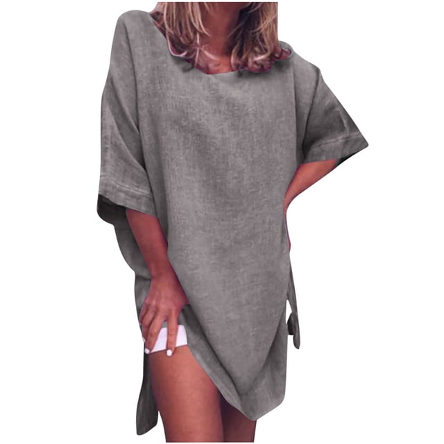Cameland Robe d'Été Décontractée pour Femmes Couleur Unie Manches Mi-Longues Coton Lin Fendue