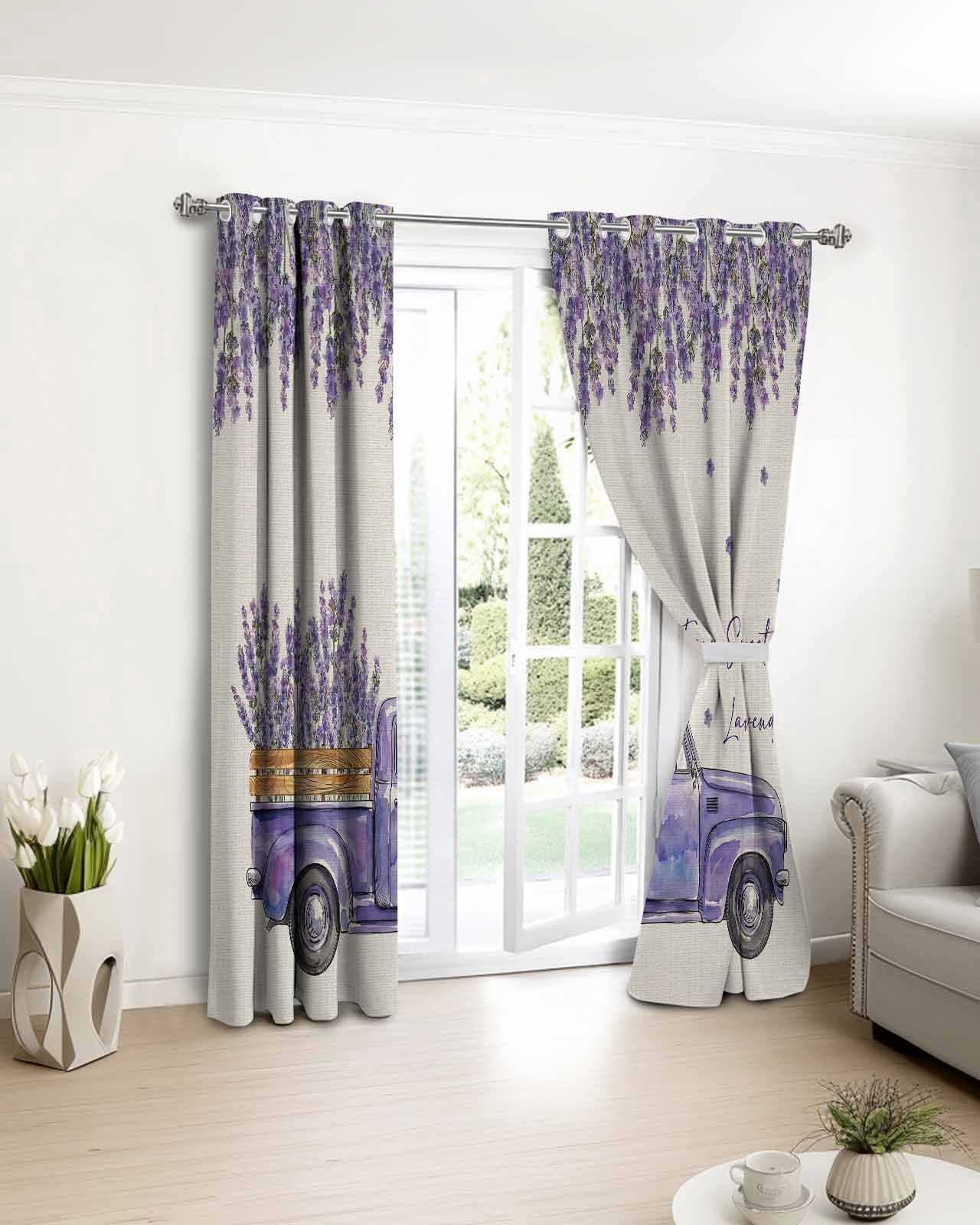 Purple Floral Blackout Curtains 63 Inch Length Farm Sweet Lavender Truck Rustic Linen Texture Thermal Insulated Window Curtain Window Drapes 2 Panels for Bedroom Living Room 52"Wx63"L