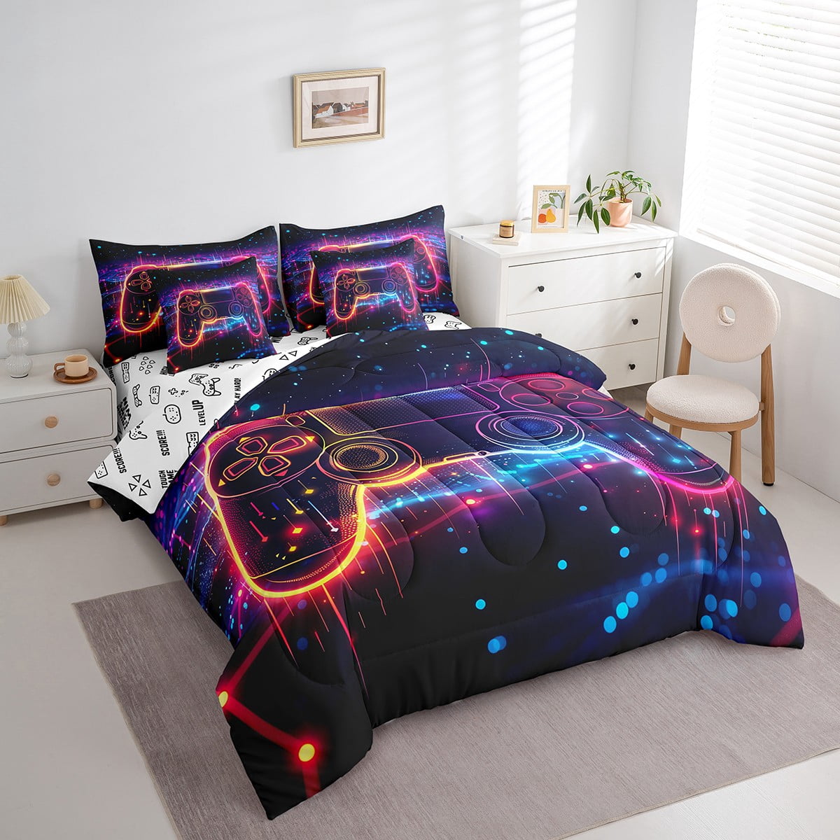 Castle Fairy 7-Piece Full Size Gaming Comforter Set - Bed In A Bag With Video Game Controller Print, Includes Sheets & Pillowcases