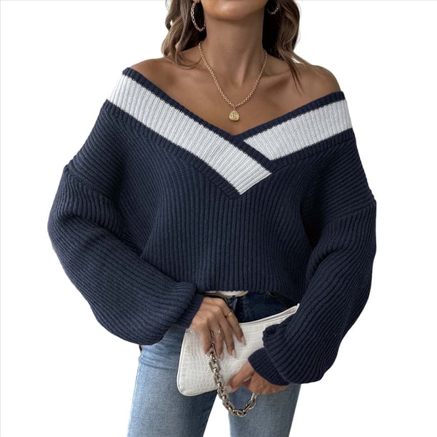 Suéter de Punto Ligero de Larga para Mujer, con Cuello en V y Costuras en Contraste. Azul Oculto M