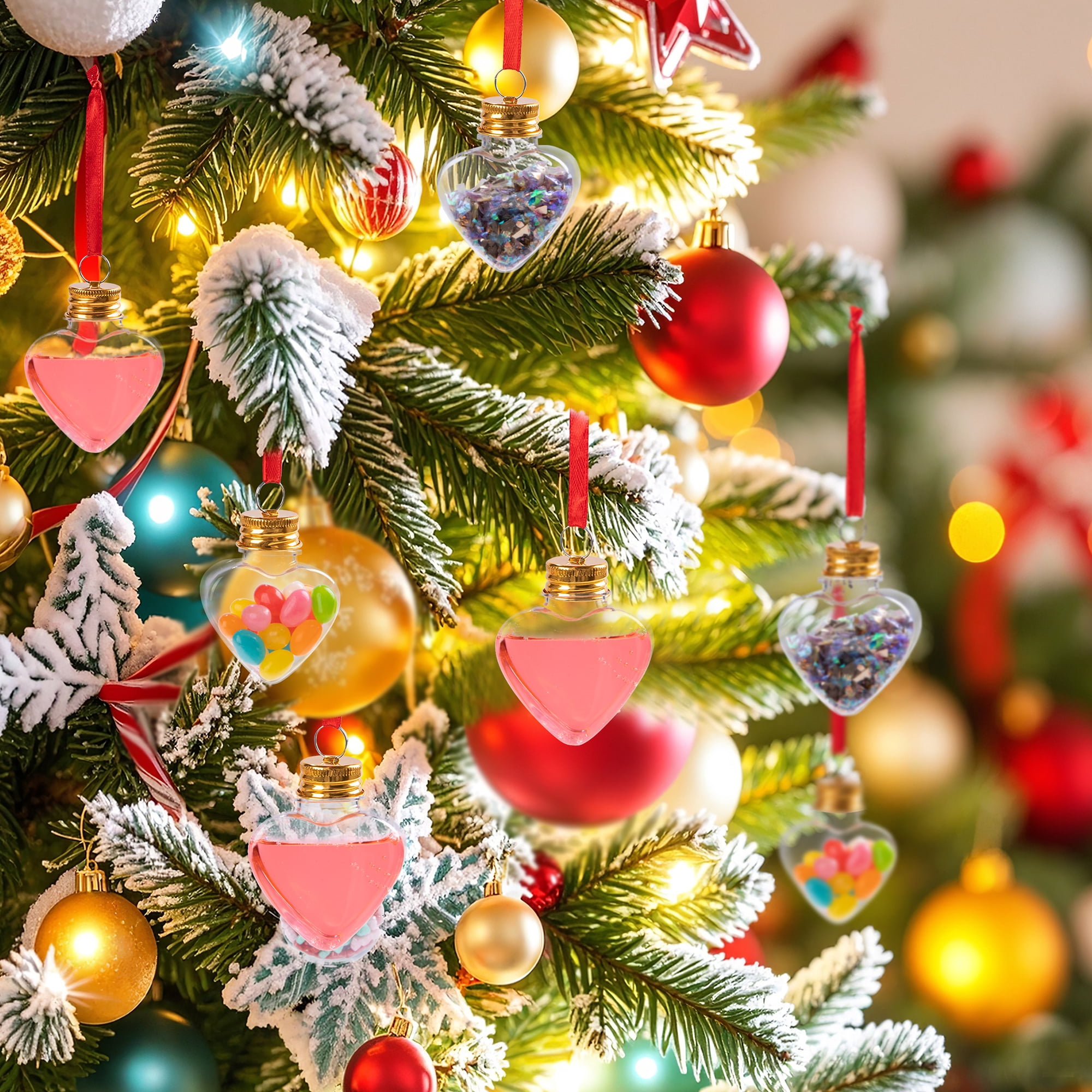 Fillable Christmas Ornament Drink Balls, 6-Pack 50ml Clear Plastic Heart-Shaped Hanging Decorations for White Elephant and Holiday Trees