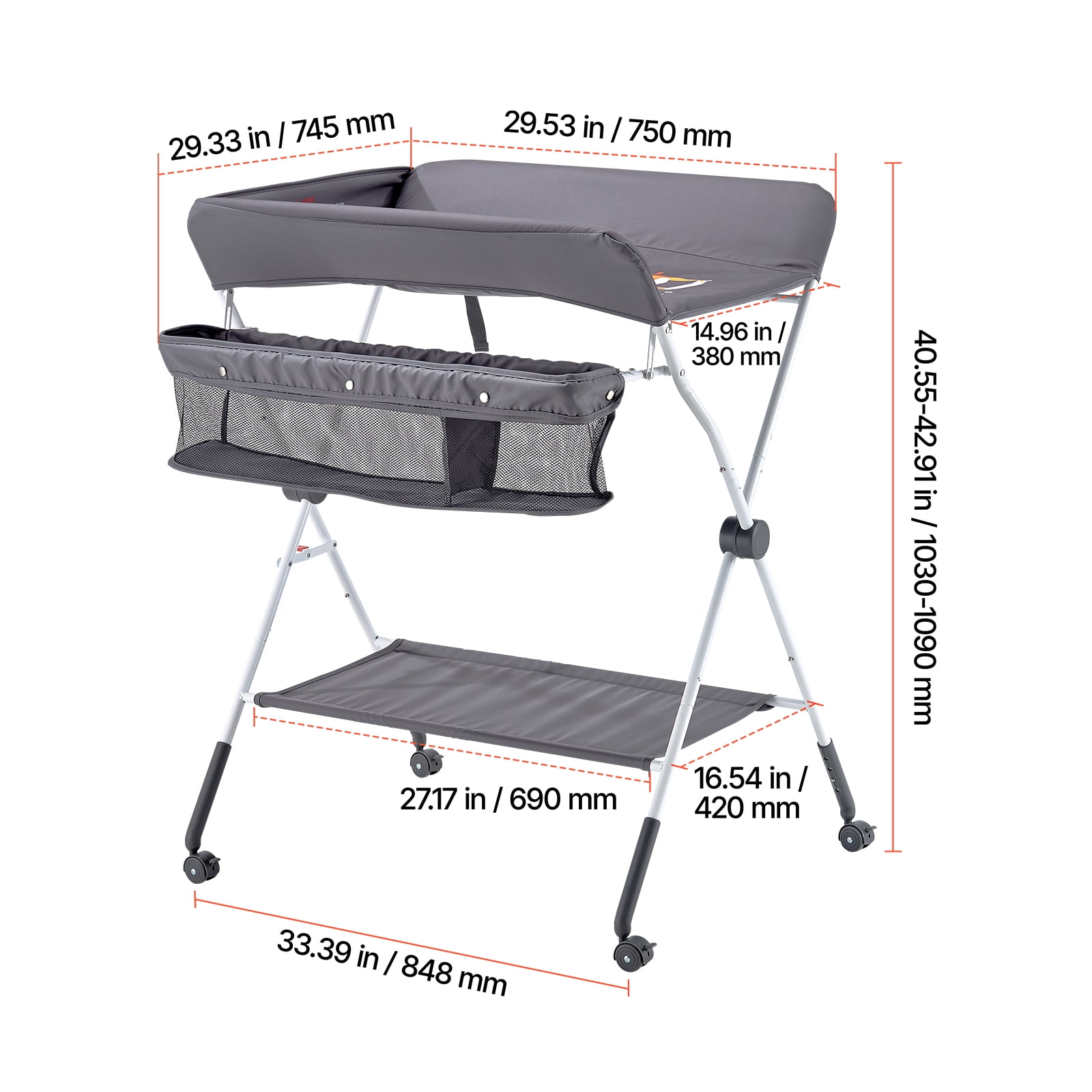 KFFKFF Foldable Baby Changing Table with Adjustable Height, Portable Diaper Station Featuring Side Basket, Lockable Wheels, and Multi-Functional Storage Organizer for Nursery, Dark Gray