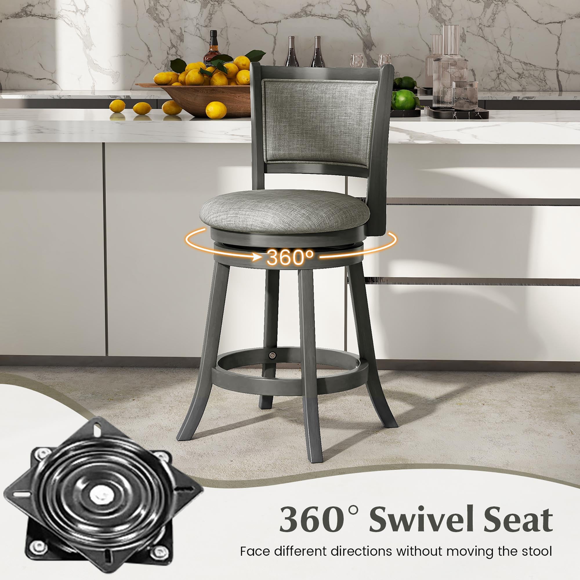 Gymax Swivel Bar Stools Set of 4 w/ Soft-padded Back & Seat Sturdy Wooden Frame