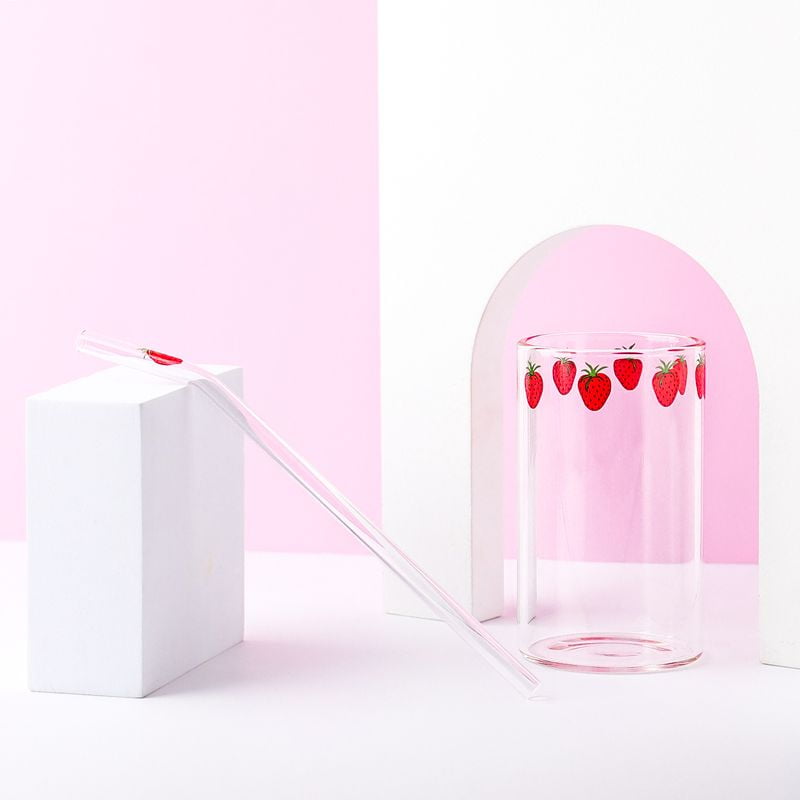 Kawaii Strawberry Glass Mug With Straw Creative High Temperature Resistance Clear  Glass Water Cup Household Milk Juice Cups