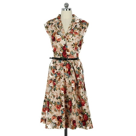 GENERIC - Vintage Floral Dresses Lapel Floral Print Belt A-line Casual ...