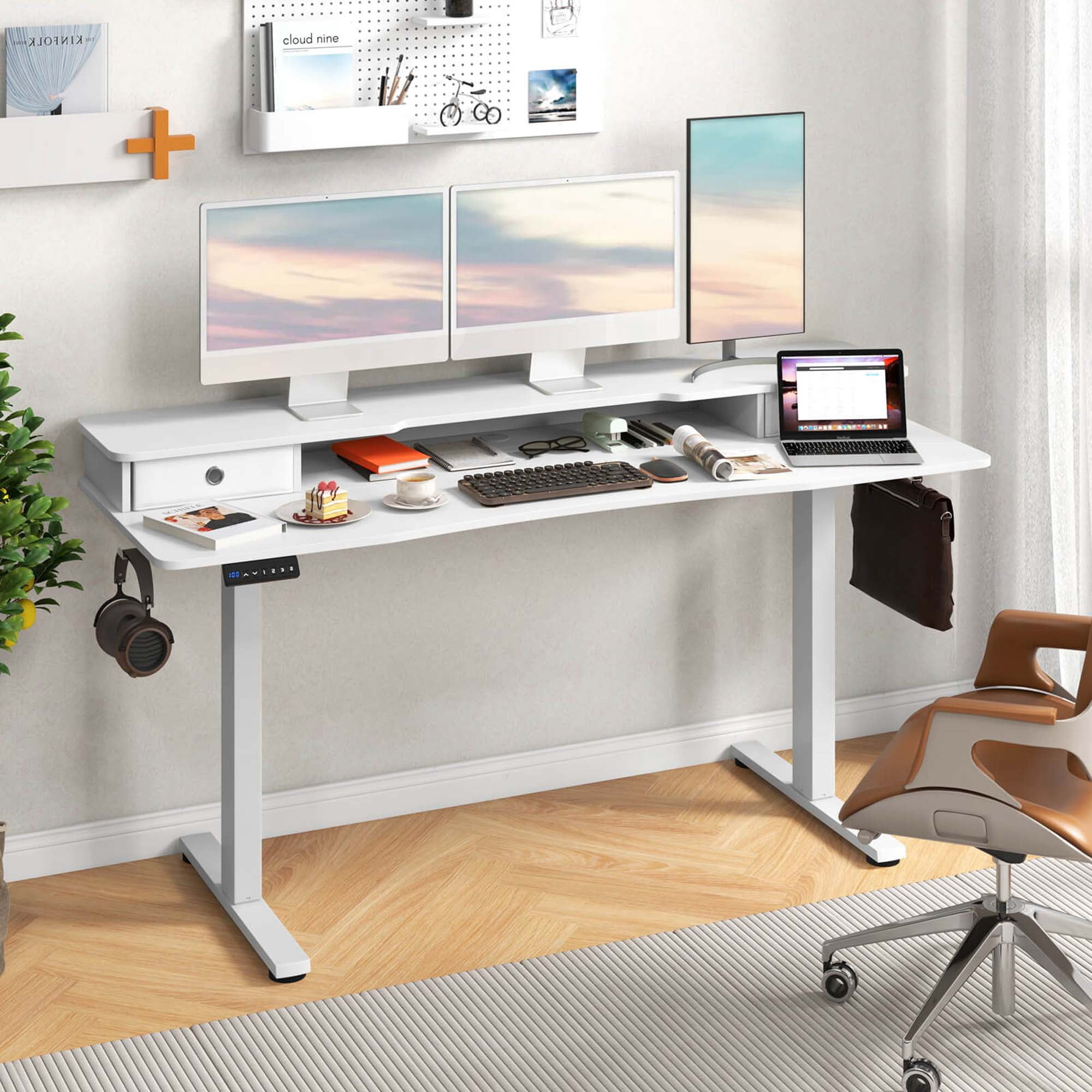 Costway 63" x 24" Electric Standing Desk with 2 Drawers Monitor Stand Storage Shelf White