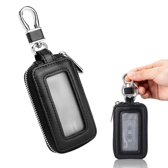 Leather Car Key Fob Case, Universal Car Key Holder, Car Fob Protector, Car Key Holder with Metal Hook and Keyring Zipper Bag Transparent Window Auto Key Case Cover Protector for Men Women