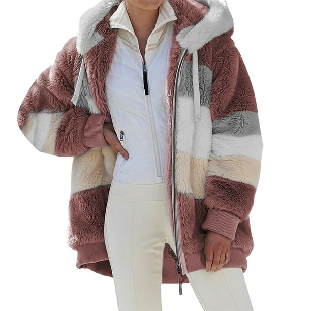 KZKR Winter Plush Coat for Women Color Block Long Sleeve Cardigan ...