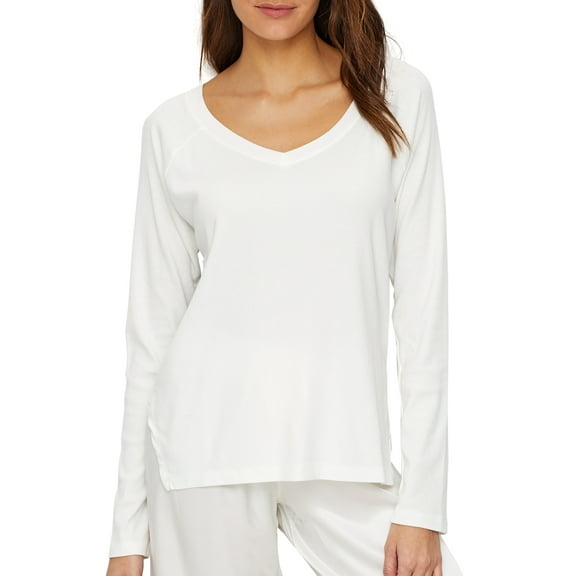 Women's PJ Harlow FRANKIE Rib Long Sleeve V-Neck with Side Slits (Pearl XL)