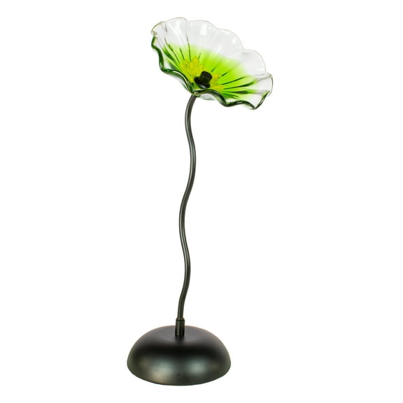 Fiore Bloom Green 9” Diameter Hand Blown Glass Flower Art Glass Sculpture with Metal Stand