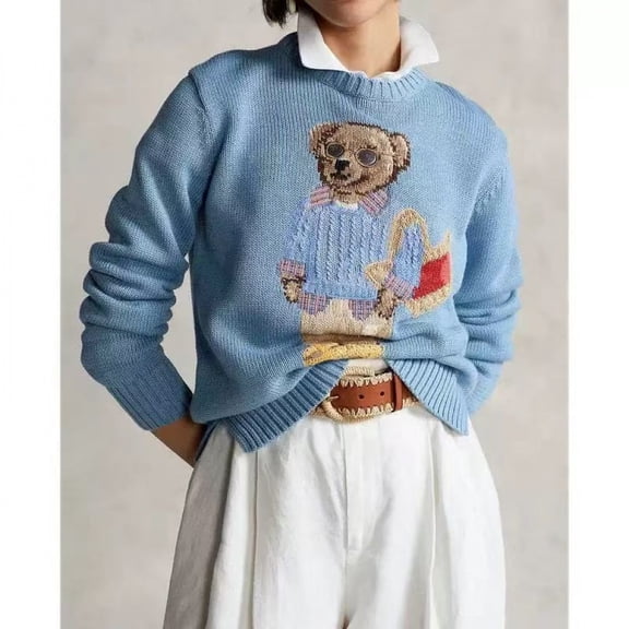 Stylish and versatile cartoon embroidered bear round neck knit sweater