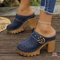 thumbnail image 2 of Mules for Women Lug Sole Platform High Heels Slip on Backless Sandals Boho Flower Hollow out Breathale Summer Dress Shoes Slippers Navy Size 7.5, 2 of 6