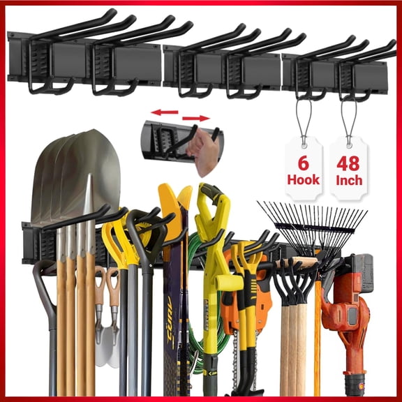 Garage Tool Storage Rack,ENJOYWOOD 48 inch Wall Mount Garage Tool Organizer With 6 Adjustable Hooks and 3 Rails,Heavy-Duty Garden Tool Rack,Holds Up to 350 lbs