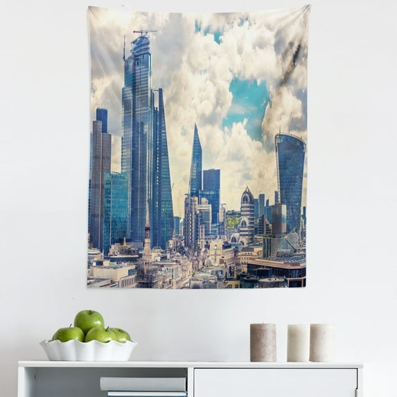 City Tapestry, London Scenery Aerial Shot Morning Time Fluffy Clouds Modern Skyscrapers, Fabric Wall Hanging Decor for Bedroom Living Room Dorm, 5 Sizes, Purpleblue and Eggshell, by Ambesonne