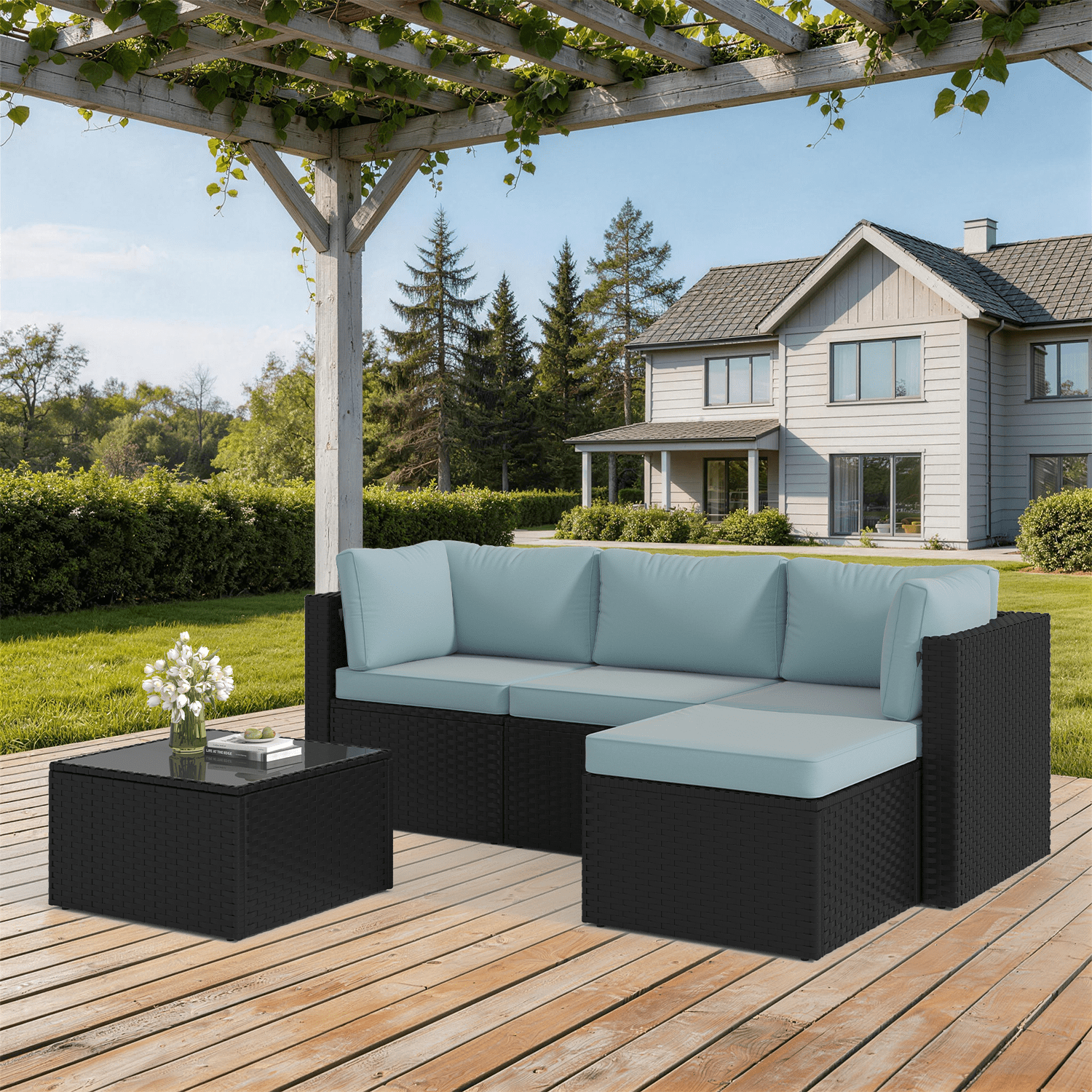 Clouddwell 5 Pieces Patio Furniture Set, All-Weather Wicker Rattan Patio Sectional Sofa Set with Coffee Table (Light Blue)