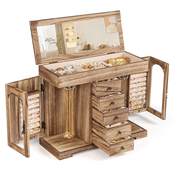 Sfugno Jewelry Box for Women Girls, Wooden Jewelry Organizer Box with Mirror, 5 Layer Jewelry Storage Case,Rustic Brown