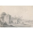 thumbnail image 2 of Richard Wilson 18x13 Black Ornate Wood Framed Double Matted Museum Art Print Titled - Riverside Scene with Figures, Hexagonal Building Left and Horse-Drawn Wagon Crossing Bridge at Righ, 2 of 5