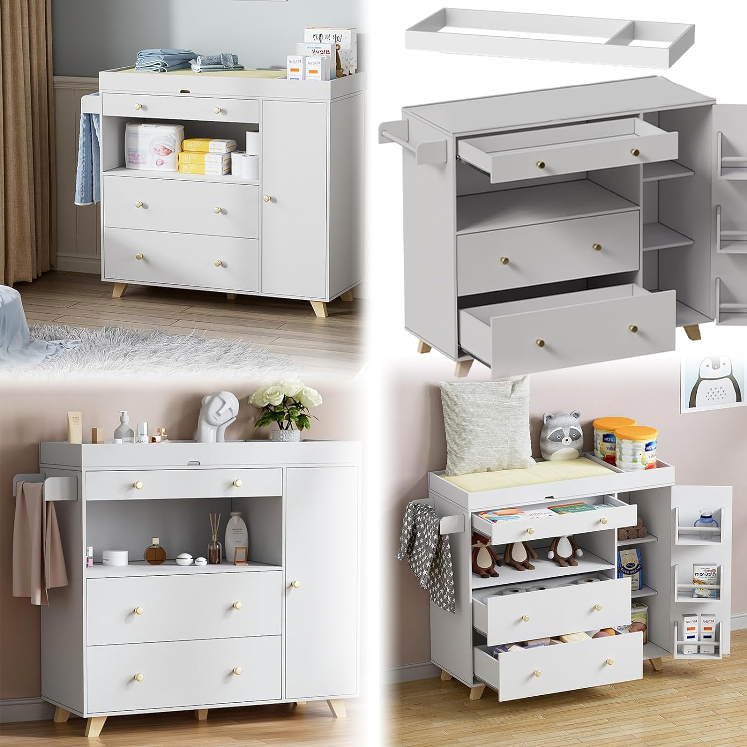 PAKASEPT 43" Changing Table Dresser, Baby Classic Nursery Dresser with 3 Drawers and 1 Cabinet, Multi-Functional Baby Changing Table
