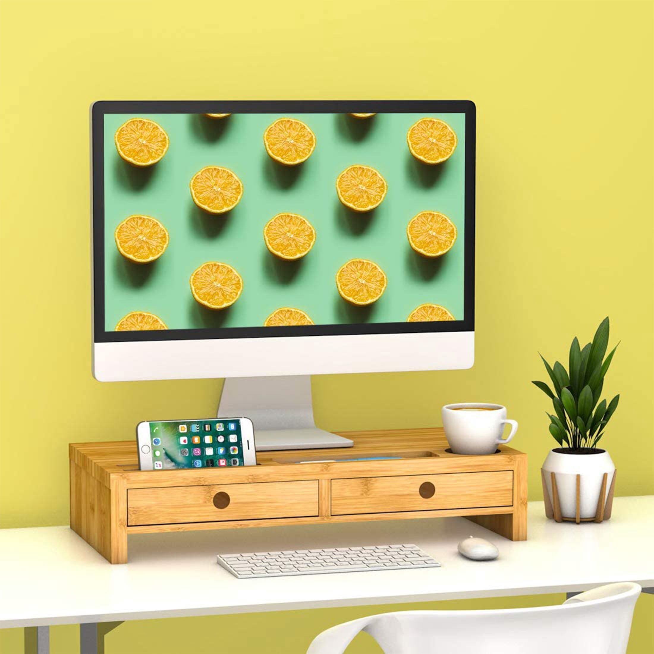Bambloom Bamboo Monitor Stand Riser with Drawer,Phone Holder & Cups Slot,fit Computer, Laptop, TV,22x10.6x4.7 inch