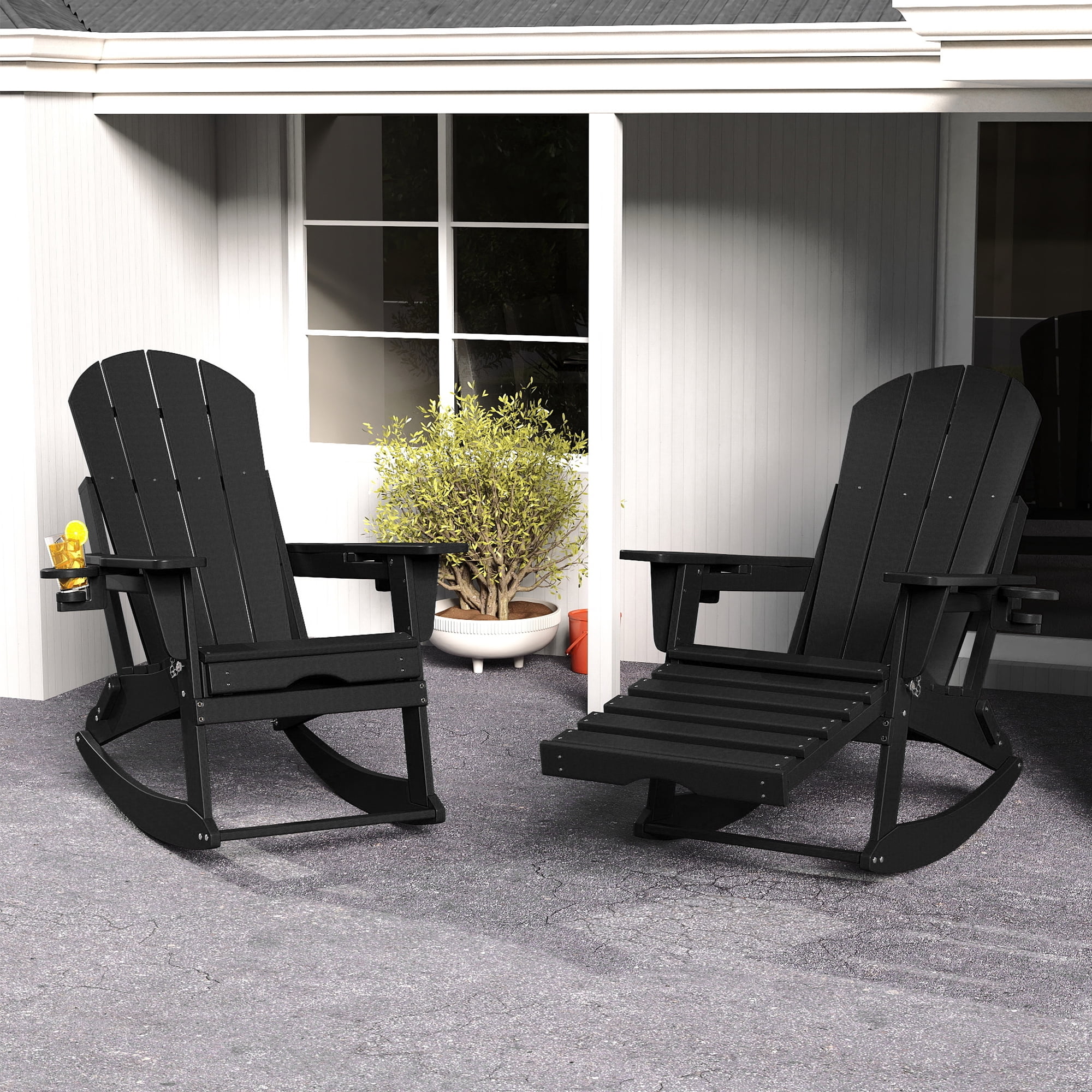 FOOWIN HDPE Plastic Rocking Adirondack Chair, Folding Rocking Chairs for Patio Porch Rocker Chair, Black