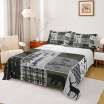 Homewish Wildlife Bear Deer Full Size Sheets for Men, Rustic Camping Adventure Bed Sheets, Grey Olive Plaid Sheet Sets, Breathable Home Decor, 4pcs