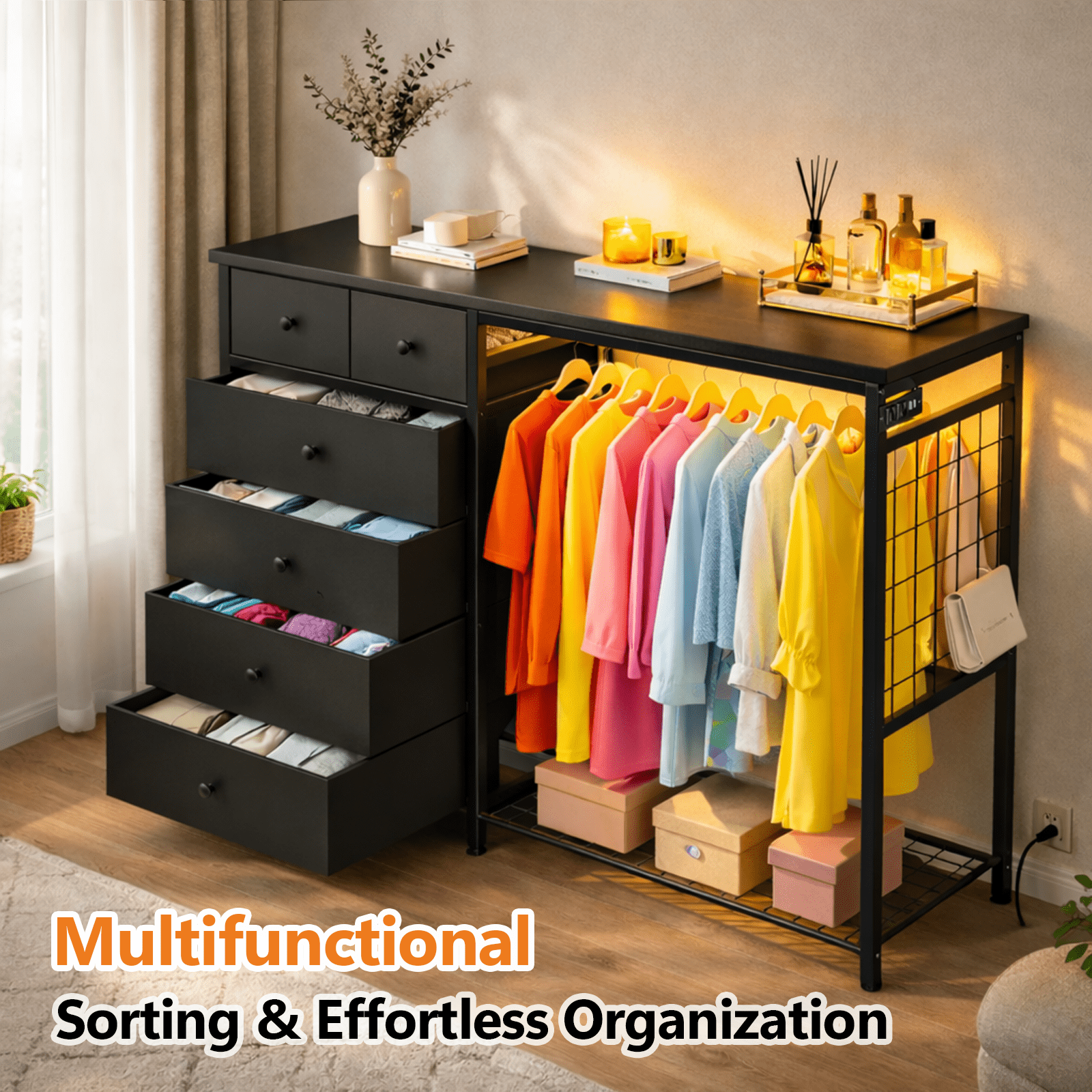 Simple Deluxe Storage Clothes Rack with 6 Drawers, Charging Station & LED Lights, Fabric Chest Shelves Clothing Rack, Wooden Portable Wardrobe Closet, 49.2" W x 15.7" D x 47.2" H, Black