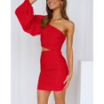 thumbnail image 2 of Femmes une Épaule Froncée Bodycon Mini Robe Puff Manches Longues 2023 Printemps Été Club Party Cocktail Robes Courtes, 2 of 6