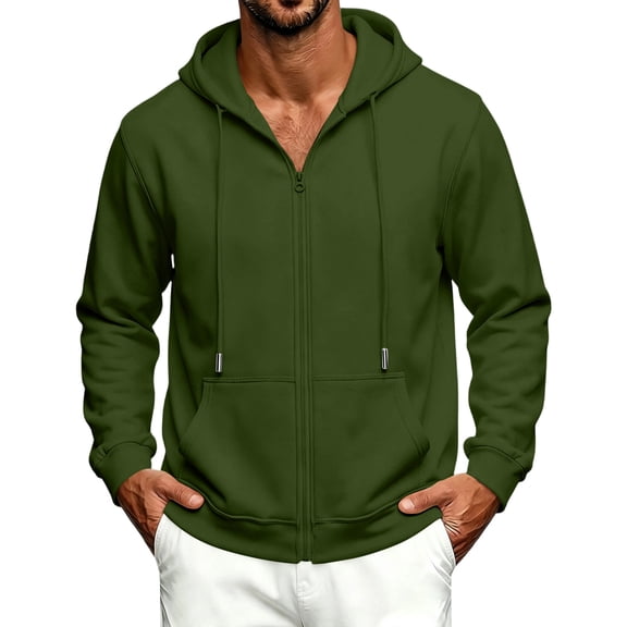 Delconic Mens Fleece Lined Zip Up Hooded Jacket Casual Long Sleeve Drawstring Hoodie Sweatshirt with Front Pockets Army Green L