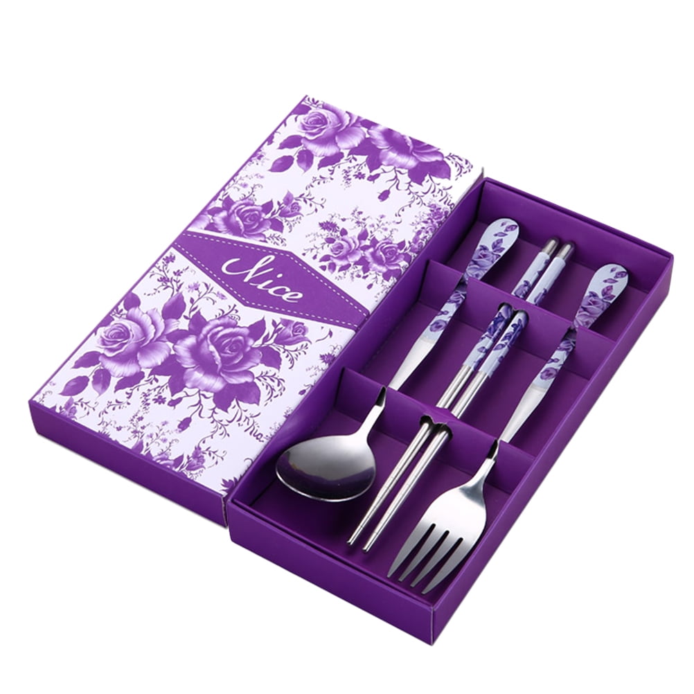 3PCS Stainless Steel Chopsticks Fork Cutlery Set Outdoor Portable Server Set of Chopstick Spoon Fork (Purple Rose)