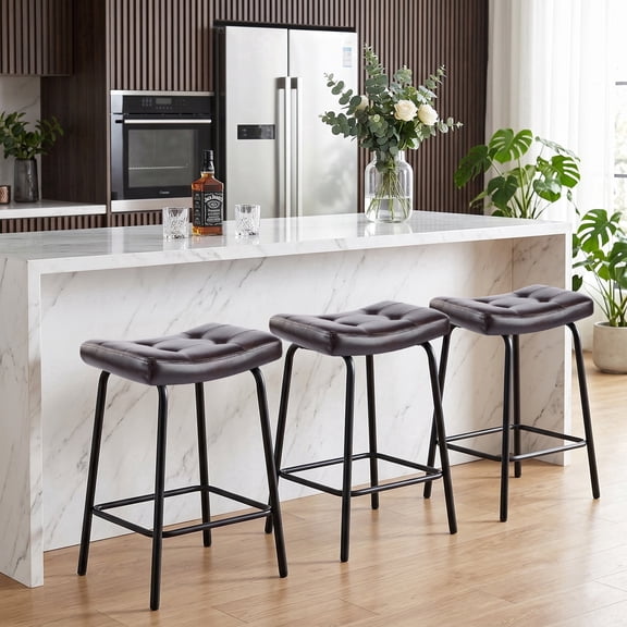 25" Saddle Counter Stools Set of 3, Tufted Faux Leather Counter Height Bar Stools with Metal Legs for Kitchen Island, Black Brown