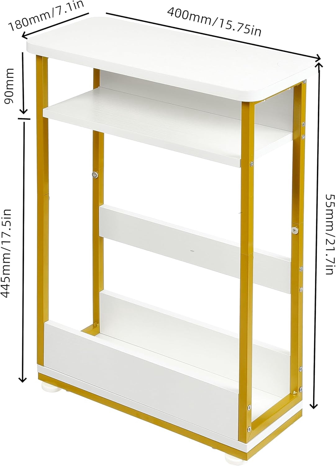 ZEXVIDA End Table for Narrow Space, 3 Tier Narrow Side Tables Modern Sofa Table with Storage Shelf, Bedside Table Slim Nightstand with Magazine Rack Living Room Home Office,White,White+gold