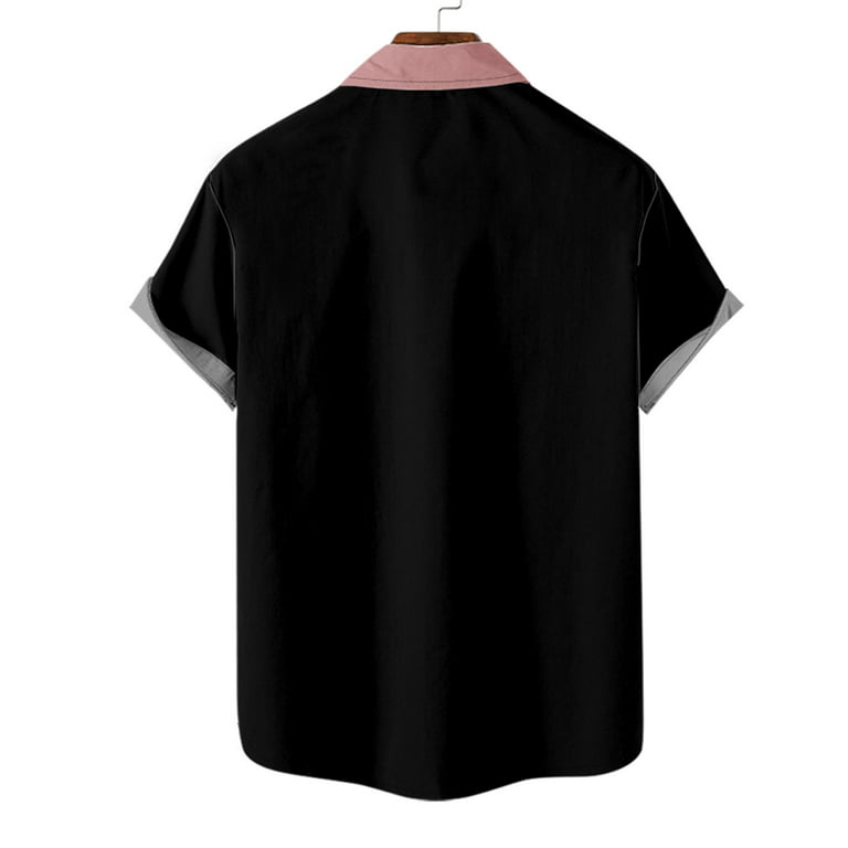 Jwzuy Mens Short Sleeve Comfy Color Block Shirts Button Down Classic Tshirt Lapel V Neck Tops Pink XL, Men's