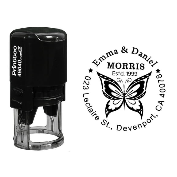 Printtoo Self Inking Custom Round Butterfly Design Address Return Rubber Stamp Personalized Stamper-Black