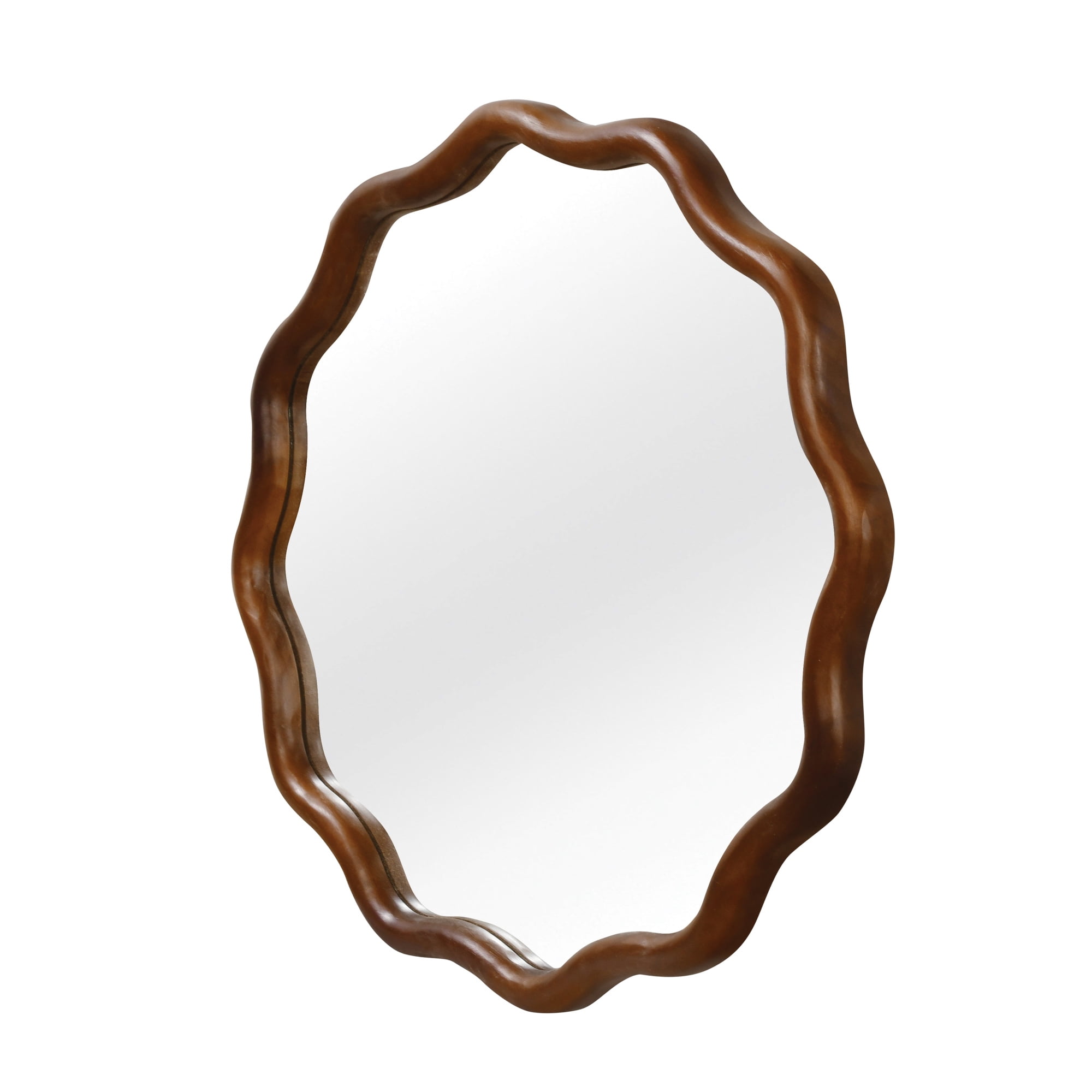 Leumius 30" Wavy Round Mirror, Solid Wood Frame Decorative Mirror for Bedroom Bathroom Living Room Entryway Dark Walnut