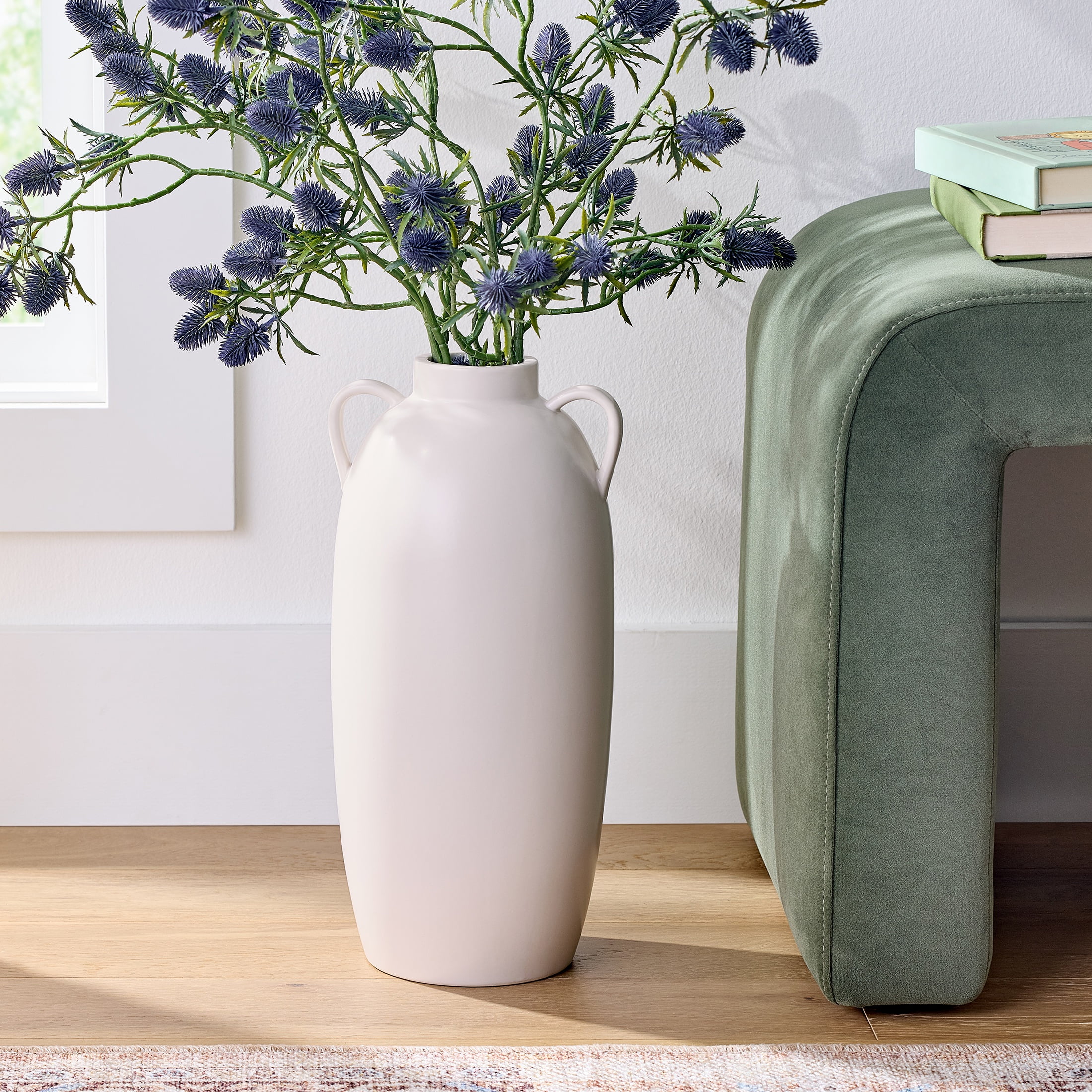 Better Homes & Gardens Indoor Cream Vase with Handles, 15 inch tall