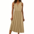 thumbnail image 4 of Women Summer Maxi Dress Solid Color Sleeveless V Neck Button Pleated Elegant Flowy Sundress with Pockets Casual Beach Vacation Dresses, 4 of 8