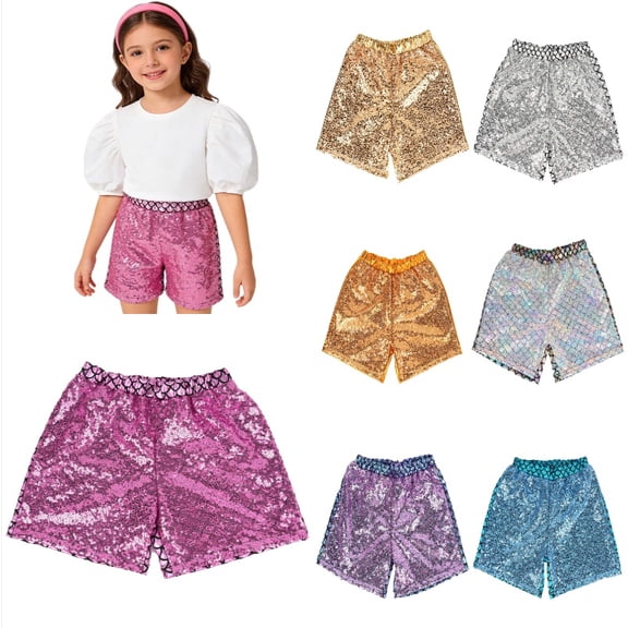 Krdevn Girls' Shiny Sequin Shorts, Elastic Waist Casual & Party Shorts for Kids,Pink