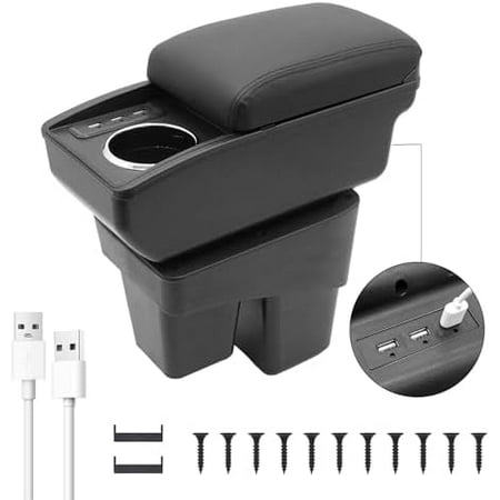 Car Armrest Storage Box for Honda Fit Jazz 2014-2019 Double Layer Car Center Console Organizer Armrest Box with 6 USB Ports and Cup Holder Car Interior Accessories(Black Thread)