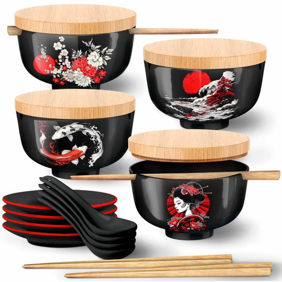 Juego de cuencos para ramen i2 Home, cerámica japonesa, 950 ml, 4 unidades con tapa