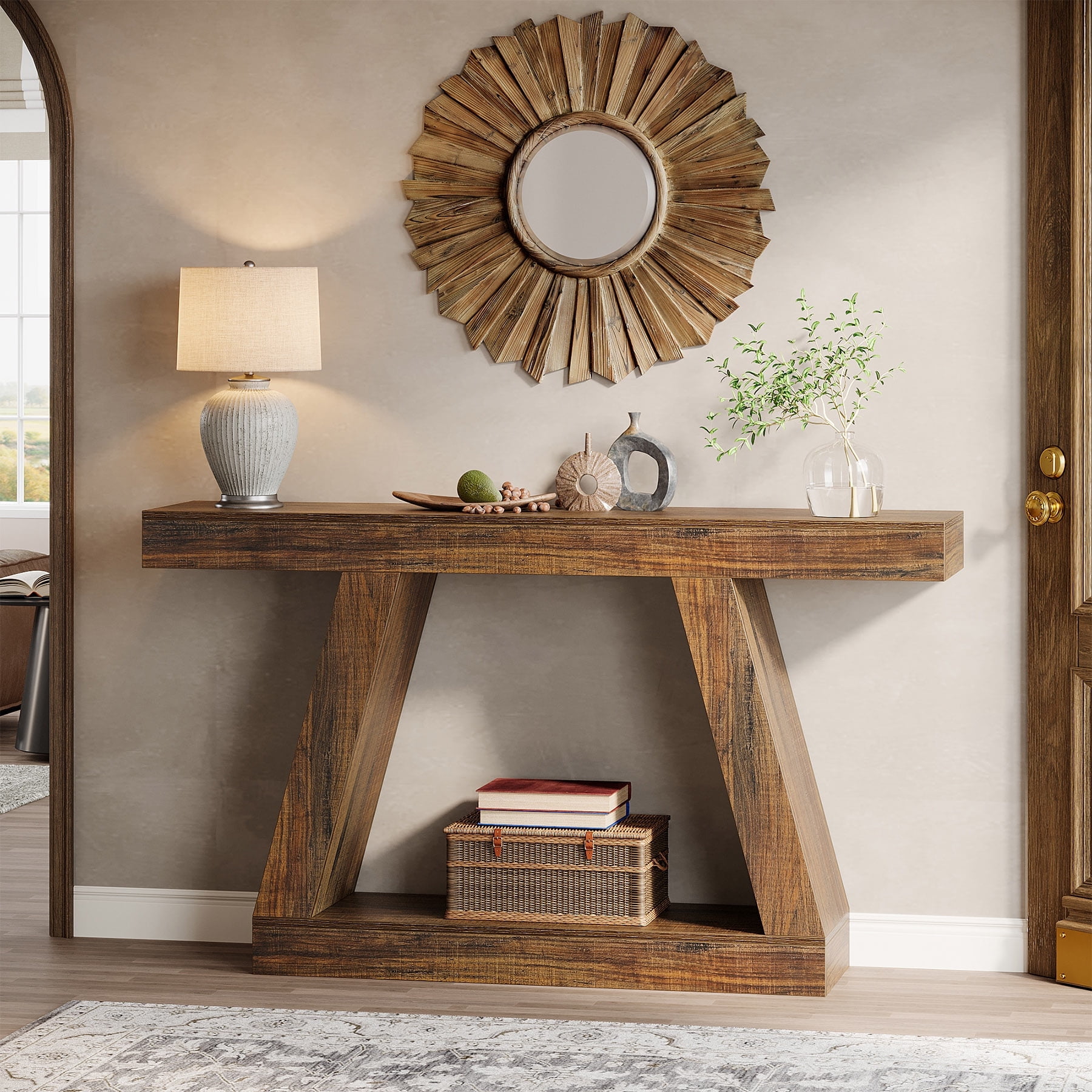 Finmind 55-Inch Farmhouse Console Table，2-Tier Wood Entryway Table for Hallway, Brown
