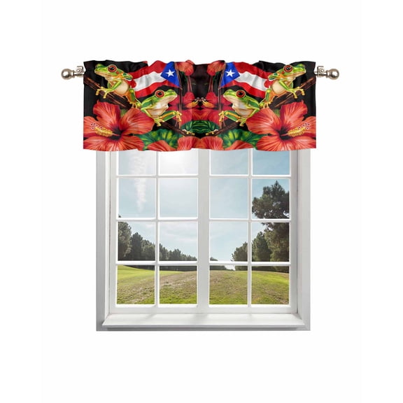 Puerto Rico Flag Kitchen Curtain Valances for Windows Farmhouse Short Curtains, Frog Red Flower Summer Leaf Rod Pocket Valance Curtain for Bedroom Cafe Living Room 60"x18"